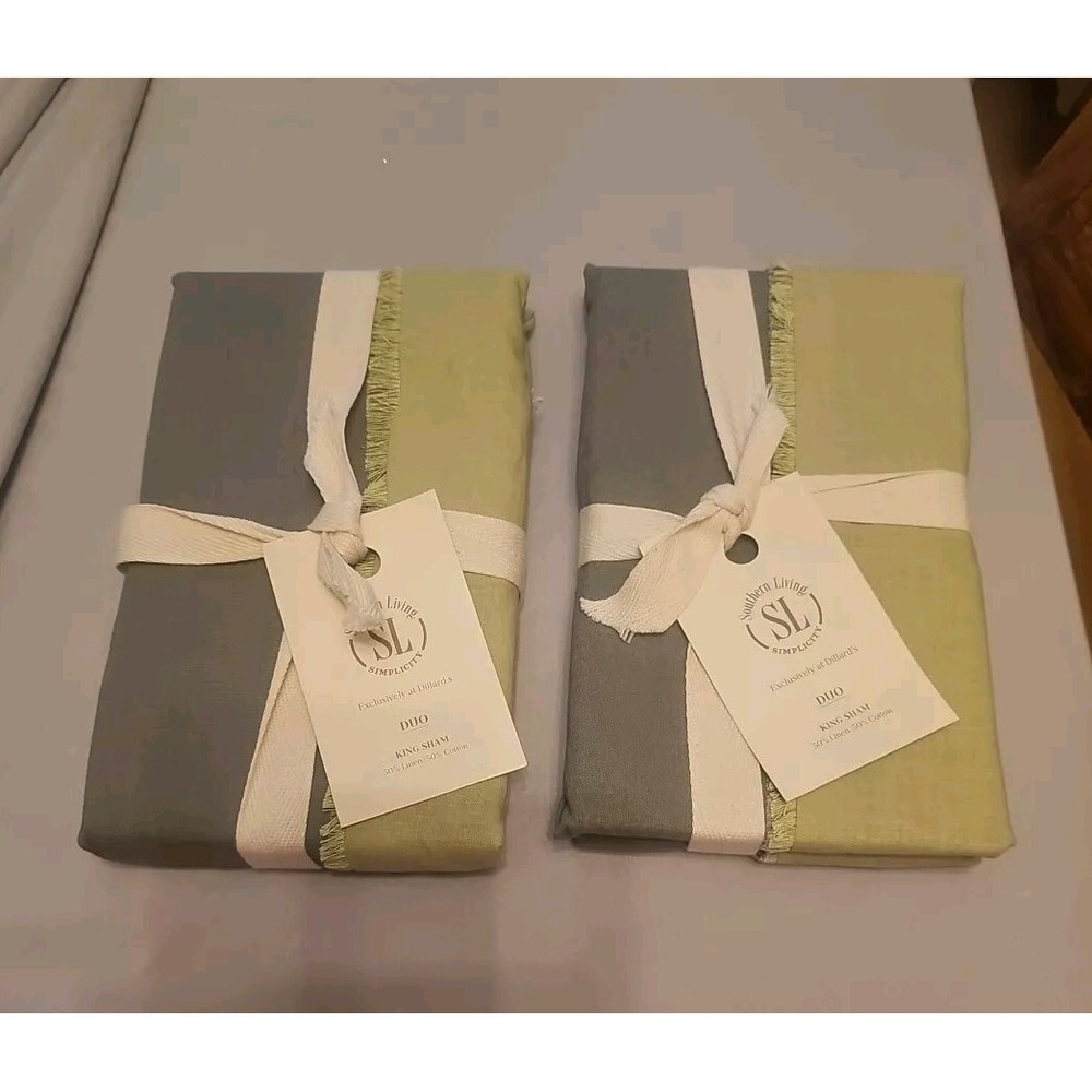 2pk Southern Living Simplicity DUO Fringe Reversible Pillow King Sham Green NWT